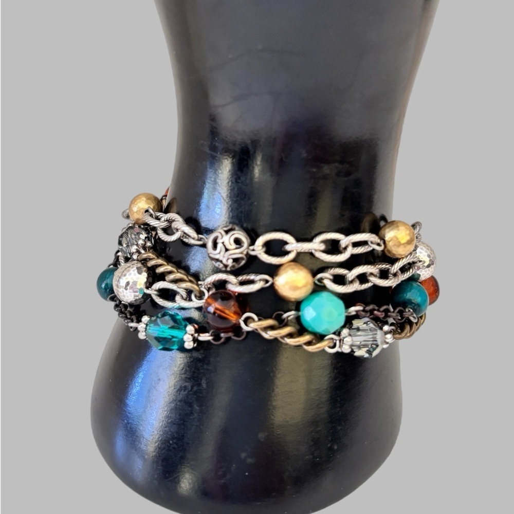 BRIGHTON FOXFIRE Multi Colors Beads Silver Triple Strand Bracelet NWOT